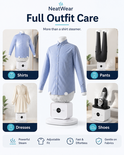 A promotional infographic for NeatWear Full Outfit Care, showing a central mannequin wearing a light blue striped button-up shirt on a white steam care device, surrounded by smaller examples for shirts, pants, dresses, and shoes. Text highlights features like powerful steam, adjustable fit, fast operation, and gentle care on fabrics.