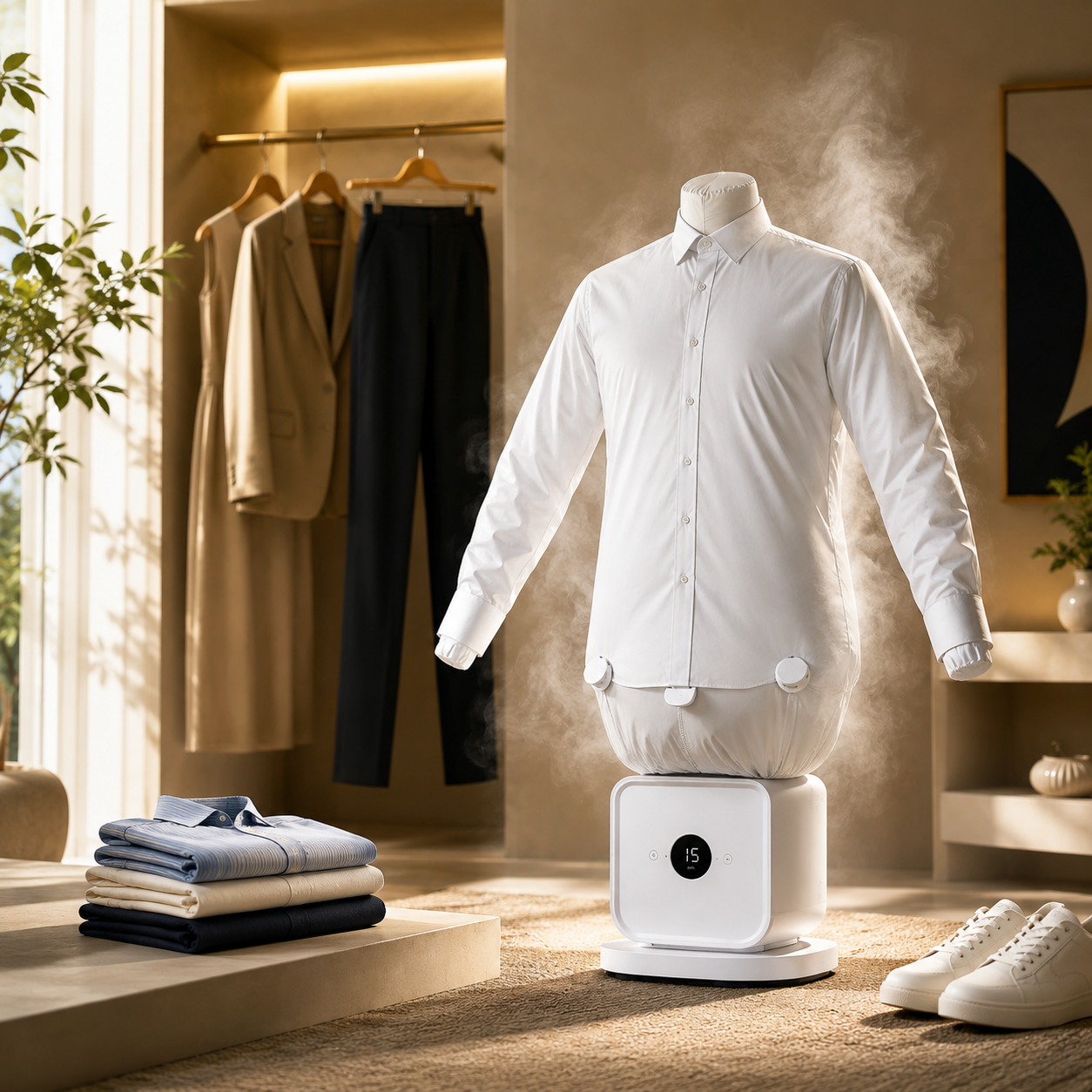 A white button-up shirt displayed on a mannequin torso with steam rising from a white steam garment steamer placed on the floor in a warm, modern room. Folded shirts, hanging garments, plants, and white sneakers are visible in the background.