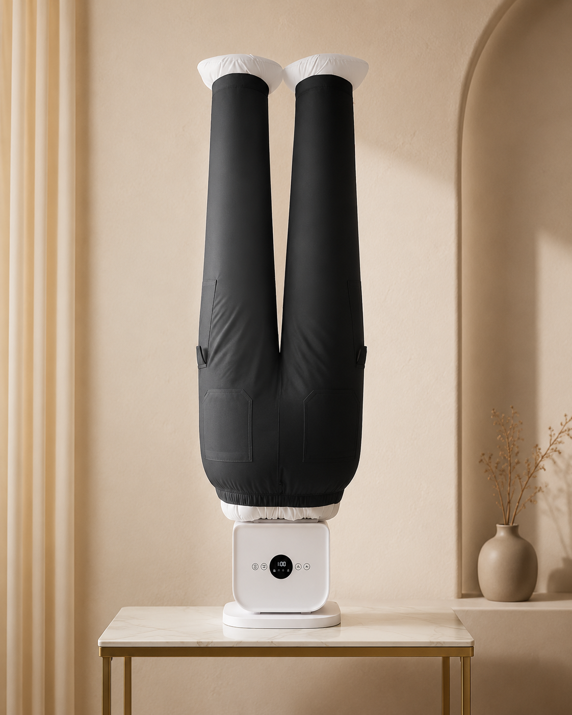 A black full-body body scrunchie or hair wrap is shown vertically wrapped around a person's legs, which are raised in a headstand position on a white device. The setup is photographed in a warm, minimalist beige room with a marble-topped side table and a neutral vase in the background.