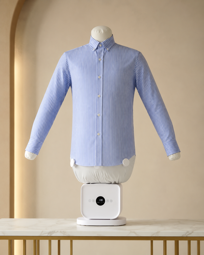 A light blue and white vertically striped long-sleeve button-down shirt displayed on a white torso mannequin with a white base, set against a warm beige background.