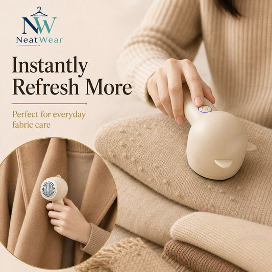 A person in a beige knit sweater uses a small handheld fabric care device on folded beige garments. The image includes the NeatWear logo, the text 'Instantly Refresh More,' and a circular inset showing a close-up of the device being used on fabric.