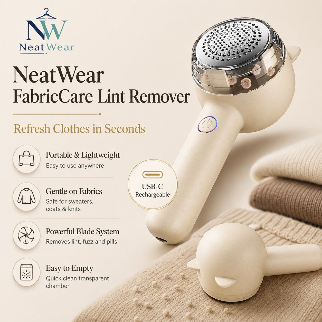 NeatWear FabricCare Lint Remover handheld device in a warm cream color with a metallic silver blade, shown alongside its detachable bird-shaped charging base on a beige fabric surface with folded sweaters. The image includes product features and branding text.