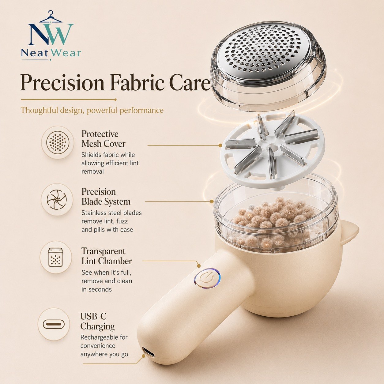 A beige and silver NeatWear precision fabric care device shown with an exploded view of its removable parts, including a protective mesh cover, precision blade system, transparent lint chamber, and USB-C charging port, with feature callouts on a light beige background.