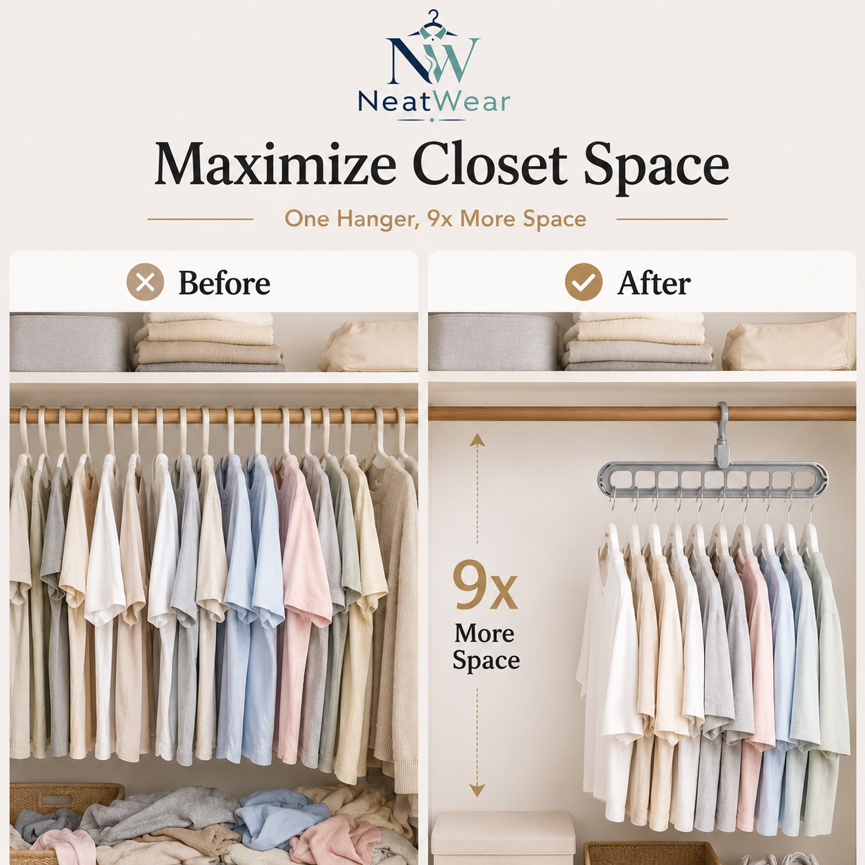 NeatWear SpaceSaver Hanger smart features with 360 rotating hook, 9 hanging slots and vertical use