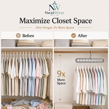 NeatWear SpaceSaver Hanger smart features with 360 rotating hook, 9 hanging slots and vertical use