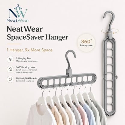 NeatWear SpaceSaver Hanger with 9 hanging slots and 360 degree rotating hook for closet organization