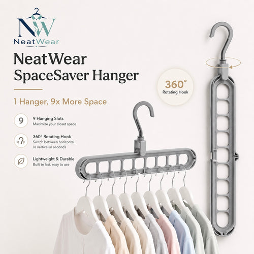 NeatWear SpaceSaver Hanger with 9 hanging slots and 360 degree rotating hook for closet organization