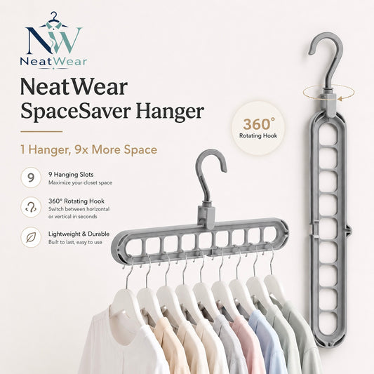 NeatWear SpaceSaver Hanger with 9 hanging slots and 360 degree rotating hook for closet organization