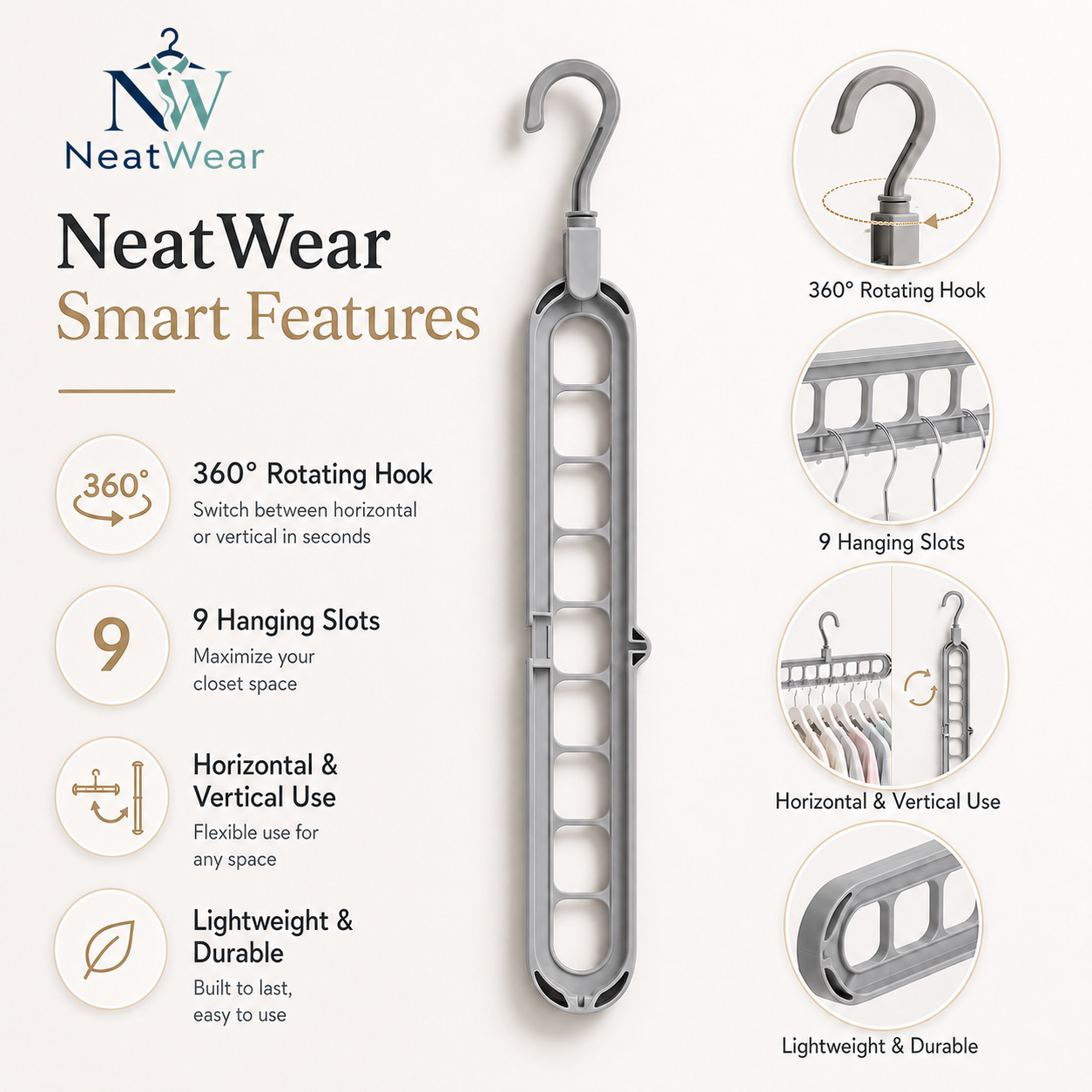 Space saving clothes hanger with horizontal and vertical use for organizing shirts and closet space